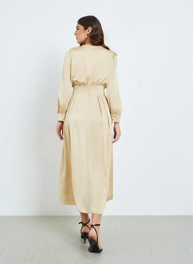 Styli  Women Beige Pleated A-Line Maxi Dress for Women | Best Price UAE